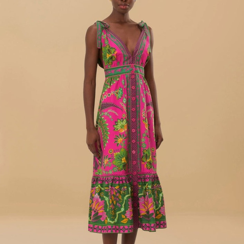 NEW FARM Rio Ana Tapestry Pink Midi Dress Floral Ruffle Cotton Green Size L